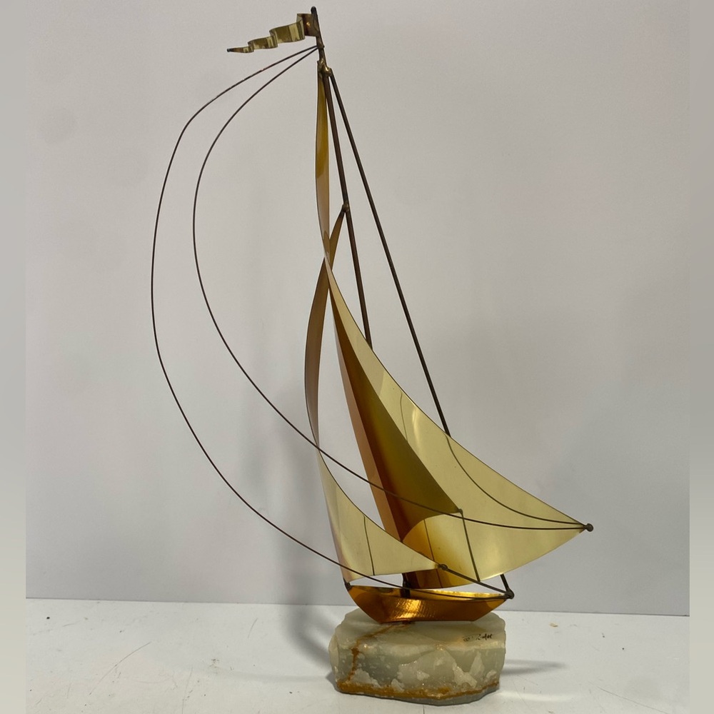 Vintage MCM Brass Sailboat Brutalist Sculpture Large 15.5 Inch Onyx Base Signed